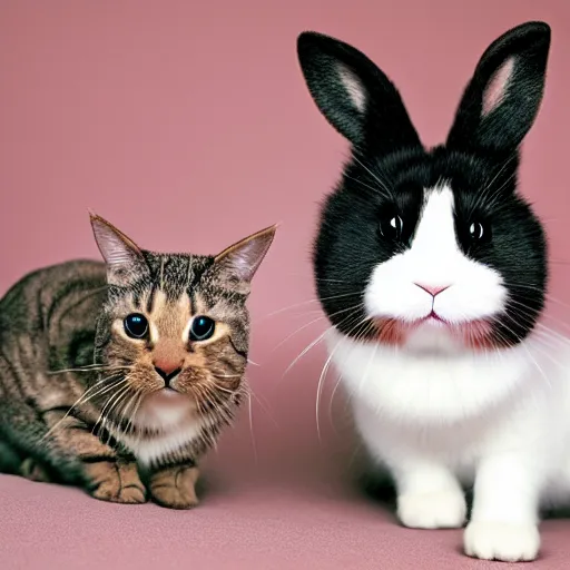 Prompt: photograph of an adorable bunny with floppy ears and a cat’s face, hd, high quality, enhanced