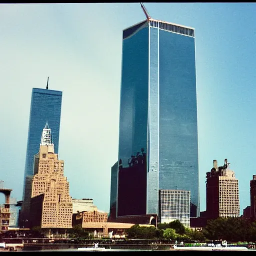 Image similar to the world trade centre towers in 1990, Polaroid, highly detailed, real life, nostalgia