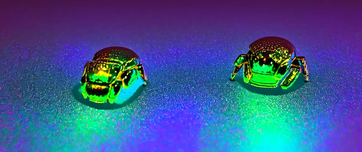 Image similar to highly detailed holographic scarab high quality photo with jeweled gorgeous moody blue lighting octane low angle hd 8k sharp shallow depth of field