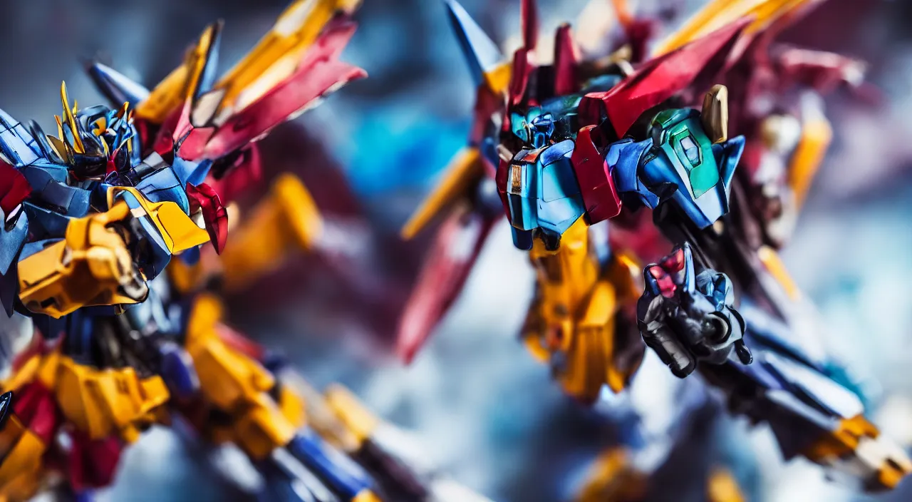 Image similar to medium close up view, Gundam,Guyver,colourful,bokeh,blur,cinematic lighting