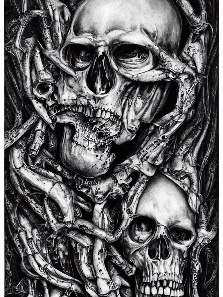 Image similar to Hyper-realistic black and white Valentine's Day card made of big skulls and big bones by H.R. Giger