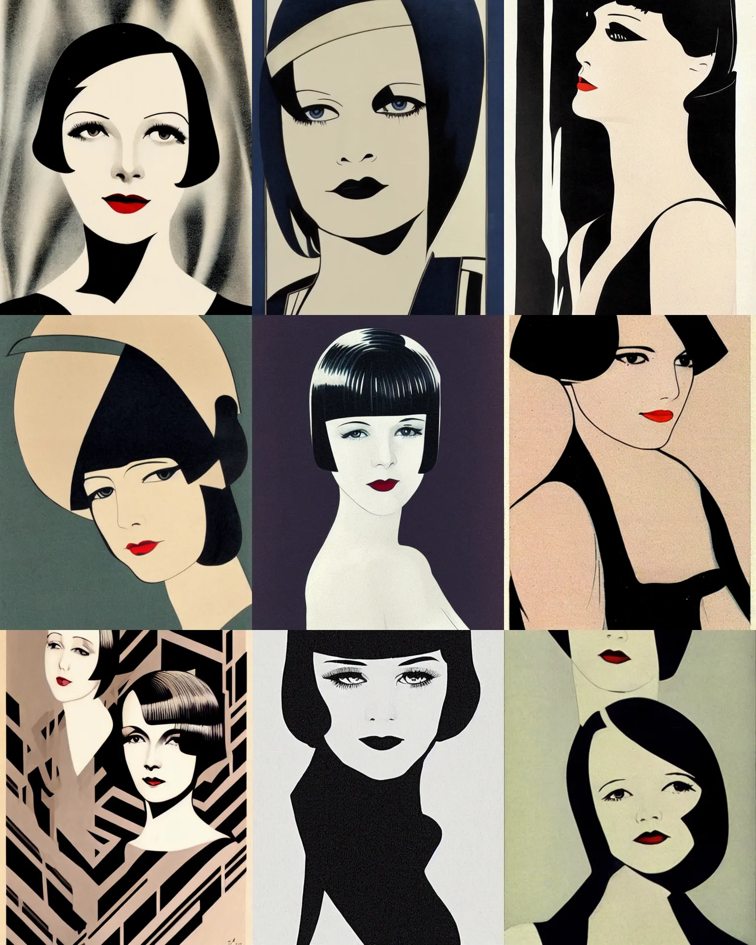 Prompt: Mary Louise Brooks 25 years old , bob haircut, portrait by Patrick Nagel, 1920s, straight lines, art deco staircase