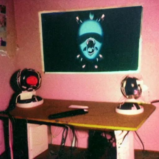 Image similar to disposable camera photos of a very large homunculus being grown on the desk in a bedroom, taken in 1990