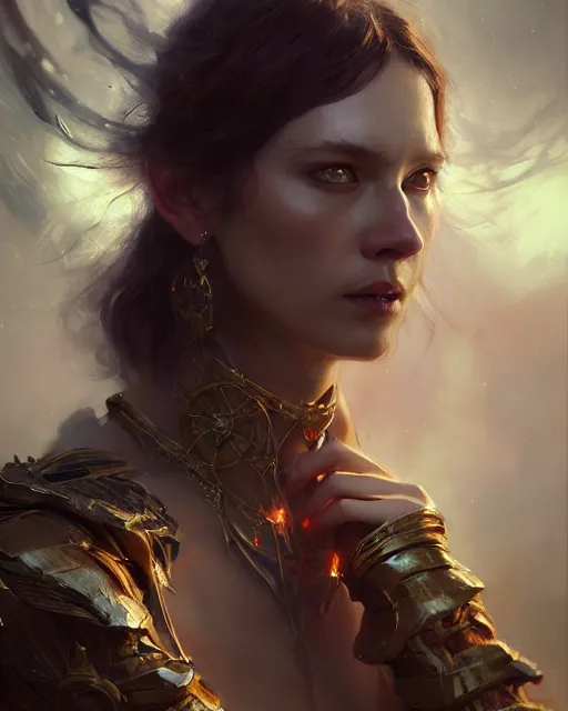 Image similar to daniel gerhartz and wlop and tom baghshaw, detailed portrait, digital painting of a beautiful half - tiger half - woman, evil mood, throne room in the background, embers flying, unreal engine, hyper realism, realistic shading, cinematic composition, blender render, octane render, ultrawide shot