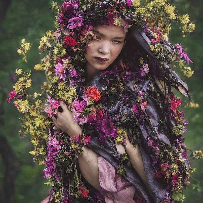 Image similar to a banshee wearing a cloak made of flowers, by Omar Z. Robles, CANON Eos C300, ƒ1.8, 35mm, 8K, medium-format print