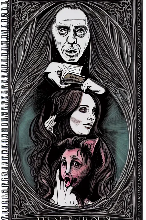 Image similar to silvio berlusconi illustration of romantic girl, her cat and her book of necronomicon, symmetrical, cinematic, sharp focus, 4 k, ultra hd, sense of awe, sinister demonic atmosphere, dreadful, forbidden knowledge, old gods, cthulhu, yog - sothoth! yah, yah, yah! cultist journal cover