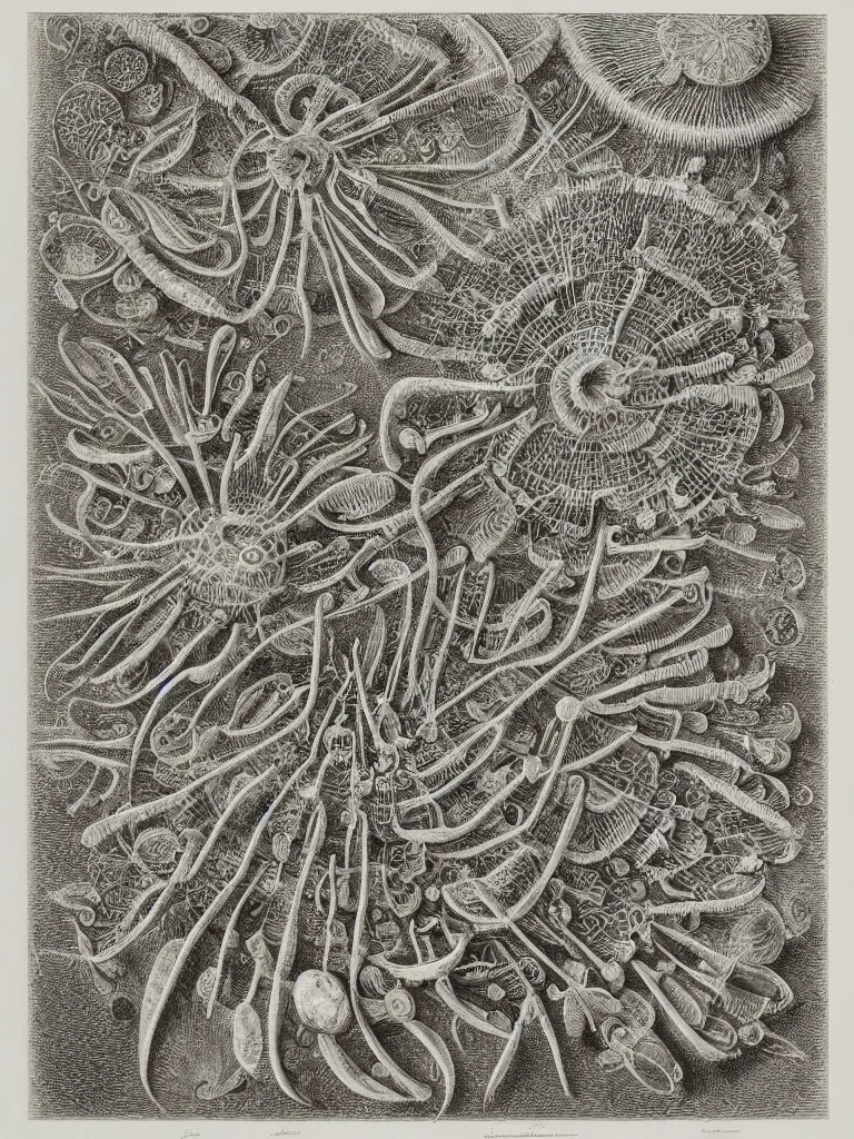 Prompt: Lithograph print plate of fractalized Stephoidea and Diatoms, by Haeckel and Beksinski, detailed plant and fungi illustrations from Codex Seraphinianus