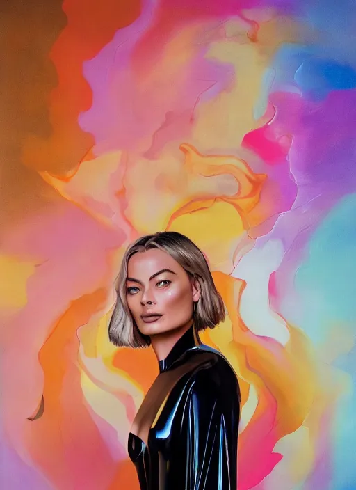 Image similar to Liang Huatao painting of stunning Margot Robbie in a Solarpunk leather robe, abstract sun in background, accurate anatomy, full body portrait, shiny soft skin, soft lighting, sharp details, warm colors, studio portrait, 35 mm film, subsurface scattering, lens flare