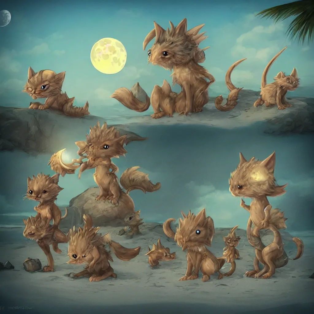 Image similar to cute fantasy critters at a beach looking at the moon, ultra realistic, concept art, highly detailed