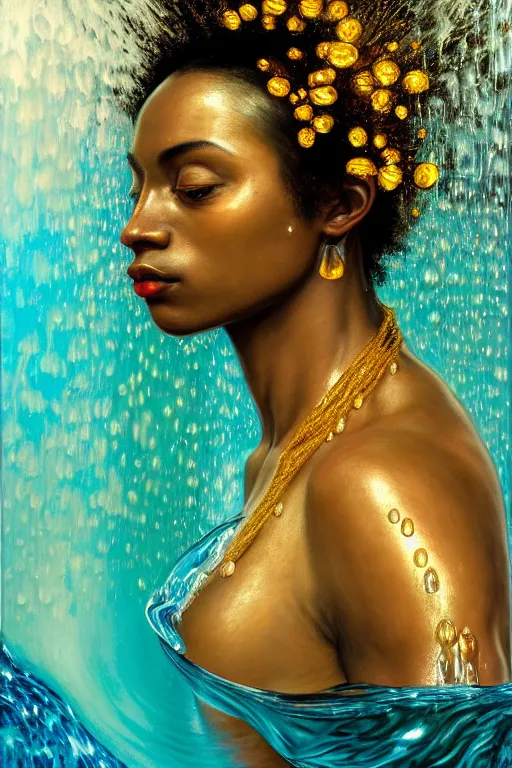 Image similar to hyperrealistic precisionist cinematic profile very expressive! oshun goddess, in water! john everett millais, mirror dripping droplet!, gold flowers, highly detailed face, digital art masterpiece, smooth eric zener cam de leon, dramatic pearlescent turquoise light on one side, low angle uhd 8 k, shallow depth of field