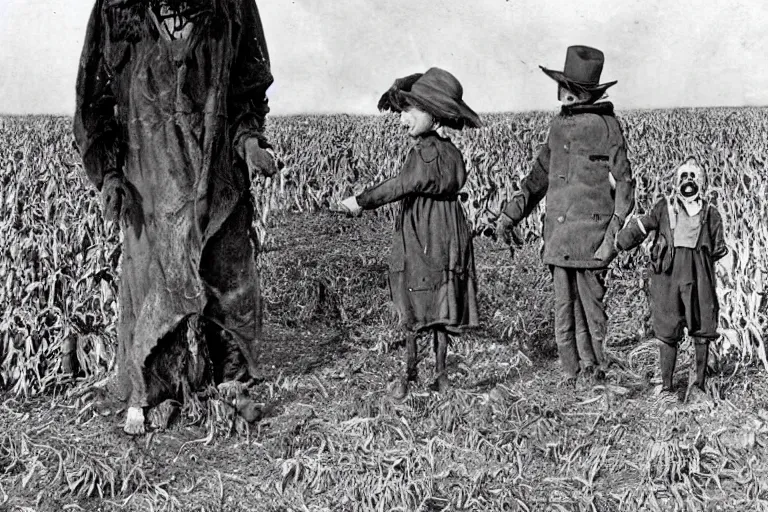 Image similar to disturbing scarecrow from the early 1 9 0 0's leading children into the cornfields