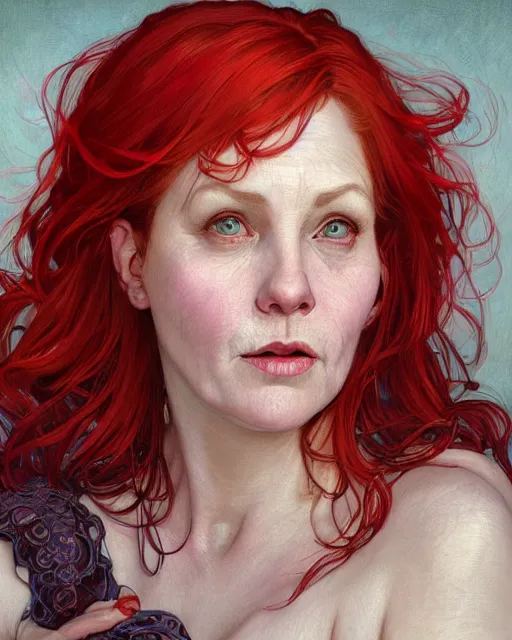 Image similar to portrait of short and plump 5 0 - year - old woman with red hair and a kind face, hyper realistic face, beautiful eyes, close up, fantasy art, in the style of greg rutkowski, intricate, alphonse mucha, hyper detailed, smooth