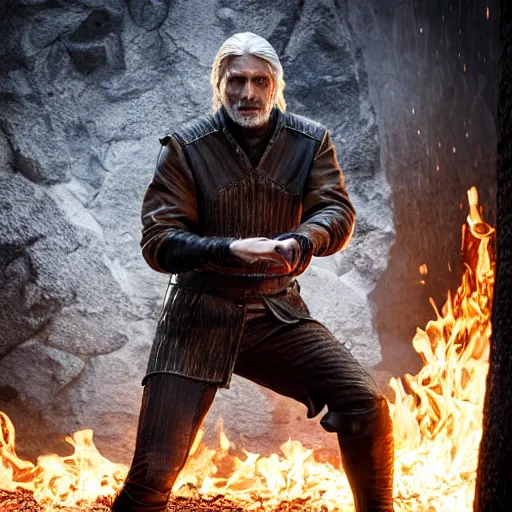 Image similar to mads mikkelsen as gerald the witcher doing igni, fire, concept art, high definition, professional photography, 8 k