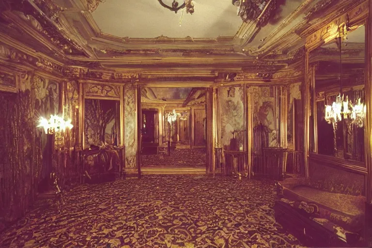 Image similar to full - color 1 9 9 0 s photo of the interior of a spooky elegant mansion at night. the interior architecture and layout are illogical, surreal, bizarre, complicated, and labyrinthine. there is a faintly - visible victorian ghost lurking. highly - detailed high - resolution photography.