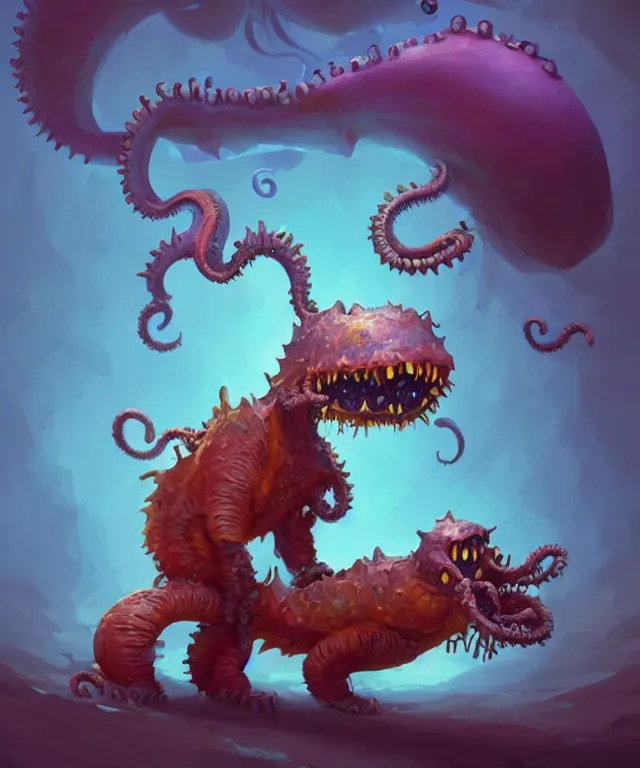 Prompt: a lovecraftian creature carrying another creature in the style of pixar, adorable and whimsical,, fantasy, elegant, digital painting, artstation, unreal engine, octane render, concept art, matte, sharp focus, vibrant colors, high contrast, illustration, art by justin gerard