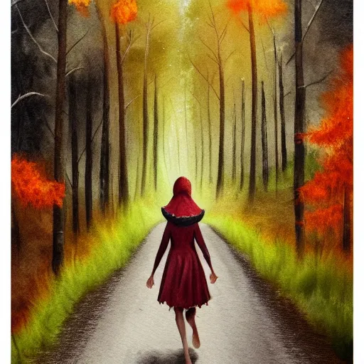 Prompt: Little Orange Riding Hood wear a dress in the valley, dark ambient beautiful. neoplasticism, 8k resolution. road into the forest with a lake, watercolor, detailed painting, trending on Artstation