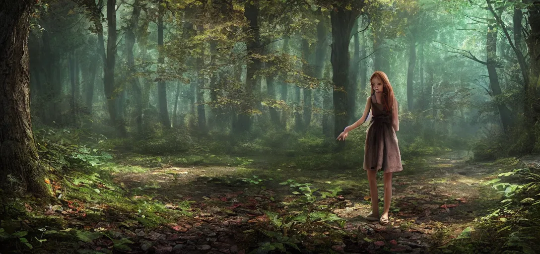 Image similar to A beautiful hyper realistic ultra detailed lifelike matte painting of a lost girl in the woods, unreal engine, deviantart, flickr, artstation, octane render, textured, colorful, extreme realistic detail, physically based rendering, pbr render, very detailed, volumetric lighting, detailed lighting, octane render, 4k, cinematic lighting, 8k resolution