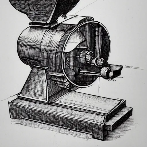 Image similar to various sketches of a mechanical coffee grinder in the style of leonardo da vinci, ultra detailed, scribbles, technical drawing, engineering blueprints