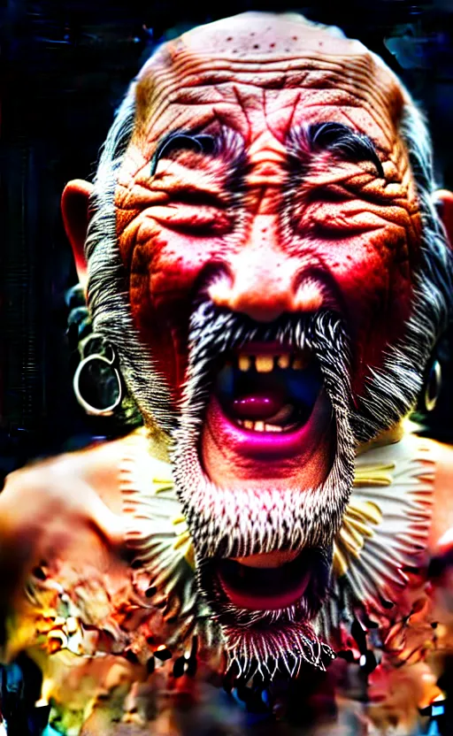 Image similar to screaming old asian man with beard, his head covered in jewels, full face silver mask, glowing eyes, wearing a wooden stick, smoke around him, in the dry rock desert, cinematic shot, wide angle, desert background, award winning photography, 8k, in the style of David Lynch, Alejandro Jodorowsky and Gaspar Noe