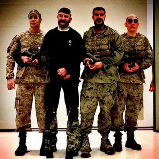 Image similar to “ seal team uniformed founding fathers, posing for an awarding winning photo of osama bin ladin, ultra realist, tactical gear, cyber punk ”