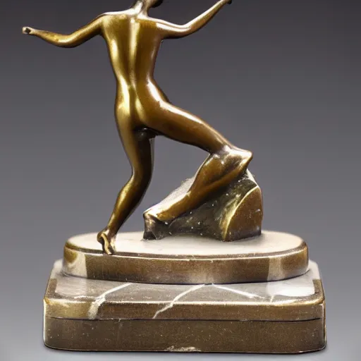 Prompt: antique 1930s France art deco. bronze figurine of a woman dancing. on marble base. by Briand Marcel Bouraine. 30cm. high detail photograph. studio