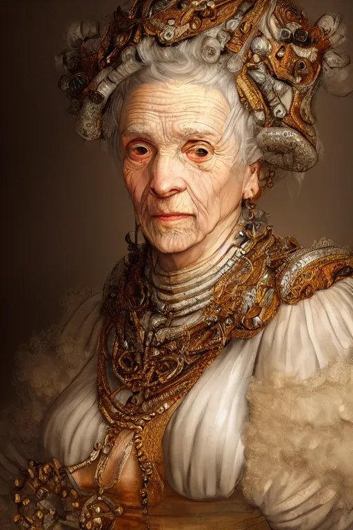 Prompt: portrait, headshot, digital painting, of a old 17th century, old lady cyborg merchant, amber jewels, baroque, ornate clothing, scifi, futuristic, realistic, hyperdetailed, chiaroscuro, concept art, art by rembrandt