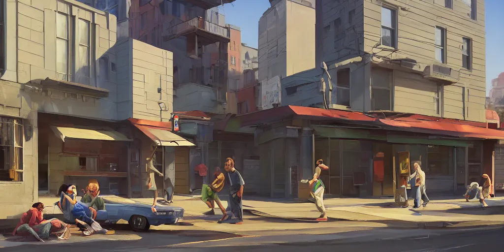 Prompt: empty residential building with owned by bank sign and homeless family outside on a street in a cardboard on curb in a city by Craig Mullins, ilya kuvshinov, krenz cushart, artgerm trending on artstation by Edward Hopper and Dan Mumford and WLOP and Rutkovsky, Unreal Engine 5, Lumen, Nanite