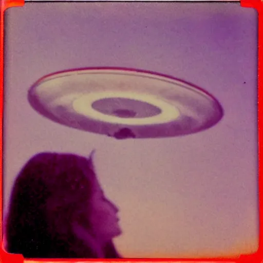 Prompt: vintage polaroid of a beautiful woman spotting a ufo in the sky, seen from behind, detailed clouds, warm azure tones, red color bleed, film grain