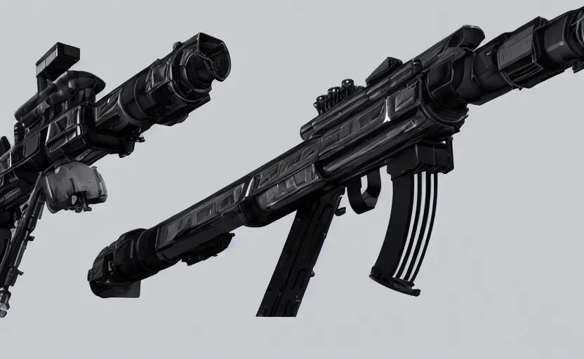 Prompt: extremely detailed side view of a sci fi rifle, chemically propelled, railgun, chemrail, gauss rifle, bullpup, with tubes and wiring, massive tank, sleek utopian design, caseless ammunition, ultra quality, realistic, octane render, call of duty, warframe