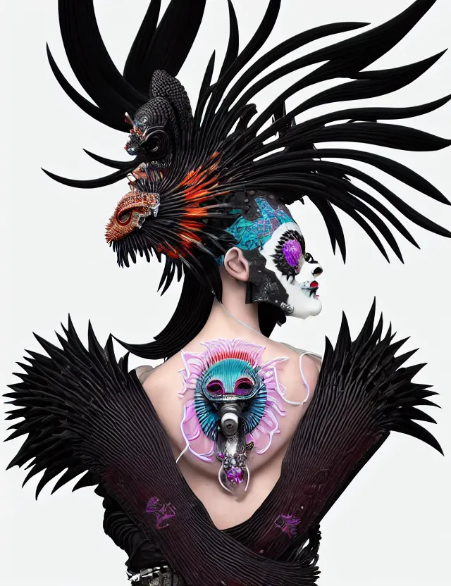 Image similar to 3 d goddess close - up profile simple portrait punk with mohawk with goat skull. beautiful intricately detailed japanese crow kitsune mask and clasical japanese kimono. betta fish, jellyfish phoenix, bio luminescent, plasma, ice, water, wind, creature, artwork by tooth wu and wlop and beeple and greg rutkowski