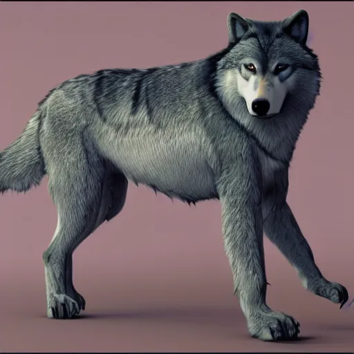 Prompt: 3 d render, well toned, large tall, female anthropomorphic wolf, blue fur with white spots, thick fur covering her chest.