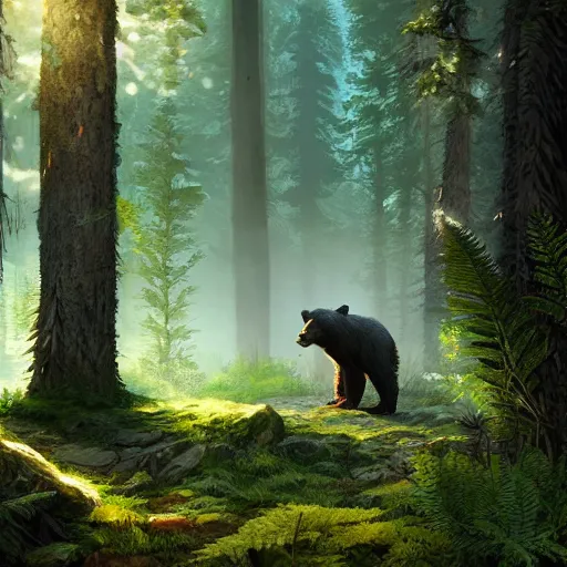 Prompt: a realistic bear, beautiful, proportionate, atmosphere, vibe, forest, lot of trees, fern, flowers, concept art illustration, color page, tone mapping, akihiko yoshida, james jean, andrei riabovitchev, marc simonetti, digital illustration, greg rutowski, volumetric lighting, sunbeams, particles