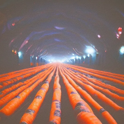 Prompt: Beautiful Liminal Grainy foggy disposable-camera Photograph of a infinite infinite infinite Town with many carrots carrots carrots carrots on the floor