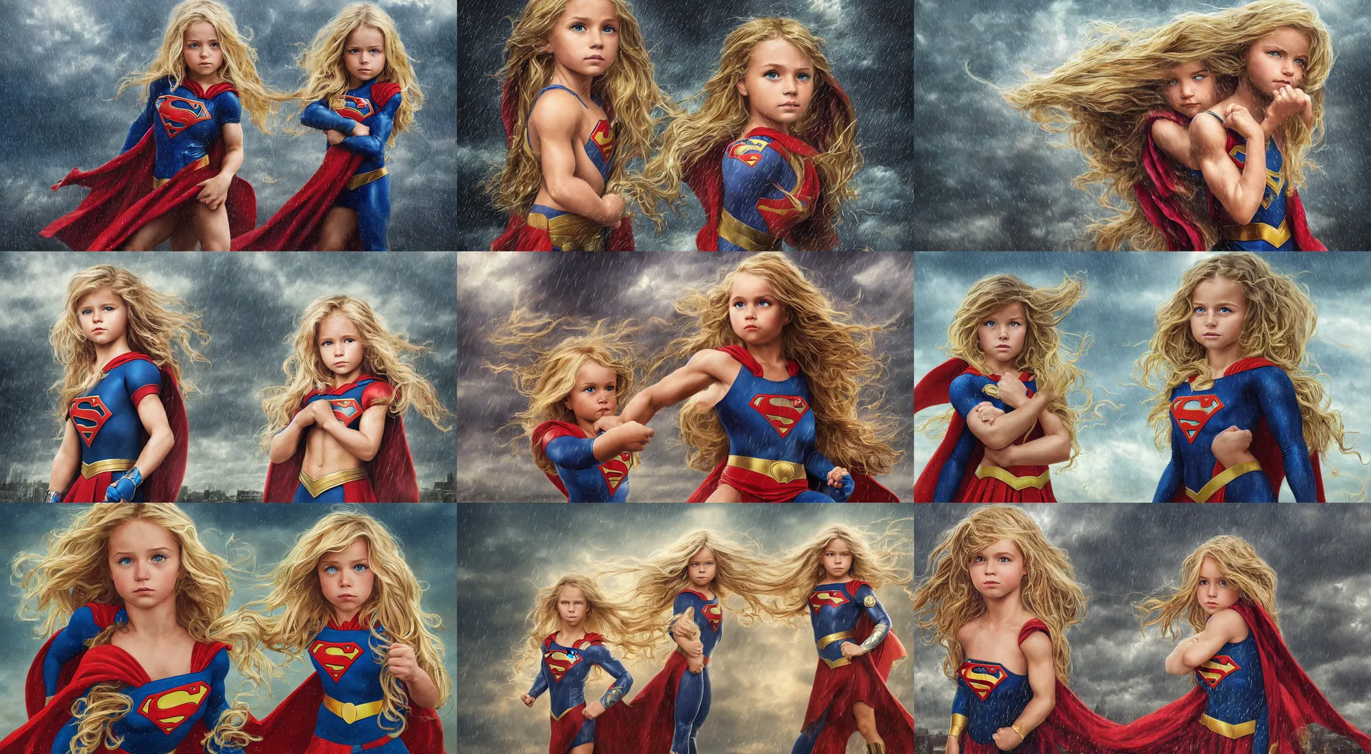 Prompt: epic portrait of a little bodybuilder supergirl with a concentrated face and extremely long blonde wavy hair, light rain, thunder storm background, intricate detailed face, city background, steve argyle, greg rutkowski, alphonse mucha, francine van hove