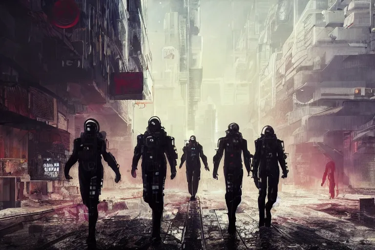 Prompt: humans with protection suits walking in cyberpunk apocalypse doomsday city with yellow poison gas, post nuclear coastline, fantasy concept art, hyper realistic illustration, symetrical complex fine detail, 8 k, sinister, artstation, unreal engine,