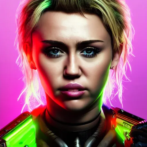 Image similar to miley cyrus portrait, Cyberpunk 2077, photorealistic, ultra detailed, cybernetic head, neon, octane, bokeh, cyber, cyber style, feature, scars, cyberface, 8k