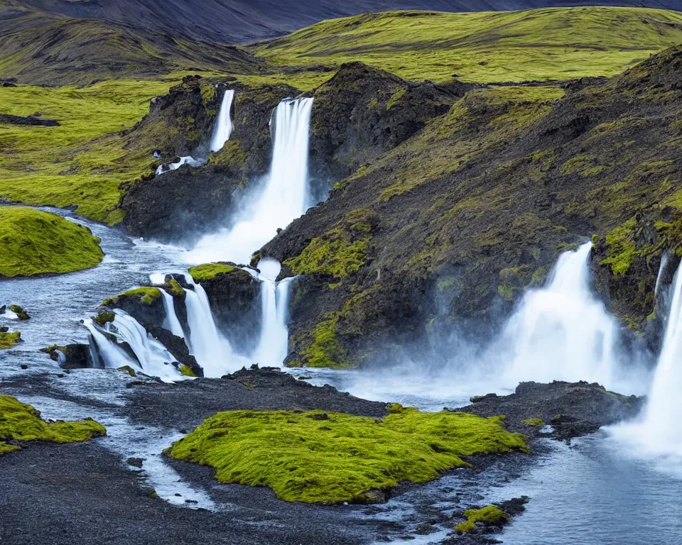 Image similar to an icelandic landscape, waterfall, hyper - realistic