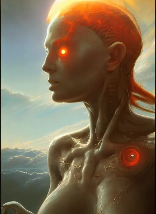 Image similar to biblical female android, glowing veins, in clouds, sunset, big eyes, portrait by wayne barlowe, studio lighting, muted colors, by frank frazetta, extreme detail, reflections, trending on artstation, 8 k