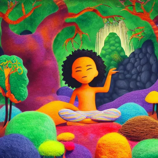 Image similar to a black girl with a colorful afro and big beautiful eyes meditating in an african zen garden with a waterfall!! and a baobab tree, bokeh!, bright colors, synthwave, watercolor, volumetric wool felting, felt, macro photography, children illustration, by goro fujita