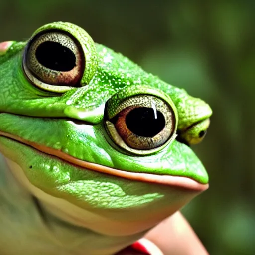 Image similar to pepe green frog big head cute eyes fantasy action scene photo