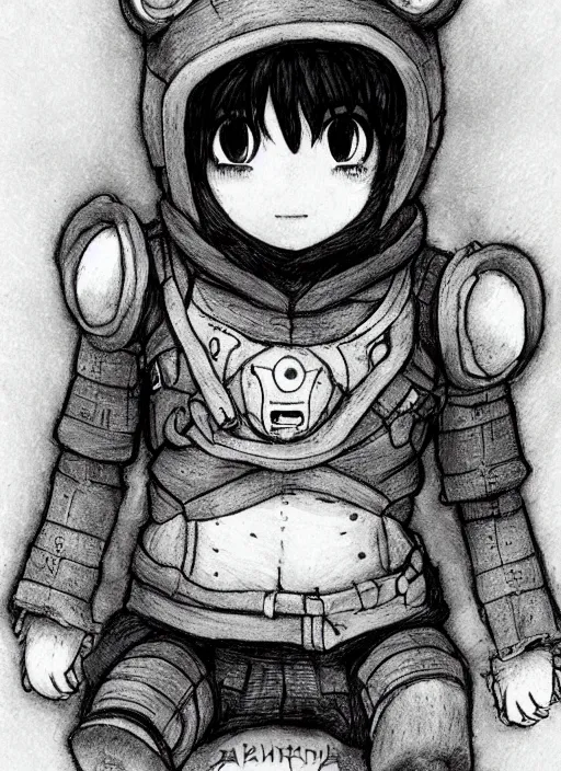 Image similar to beautiful little boy wearing an cyborg bear suit, artwork in kentaro miura and made in abyss and rosdraws, smooth, beautiful lightness, anatomically correct, trending on pixiv, forest