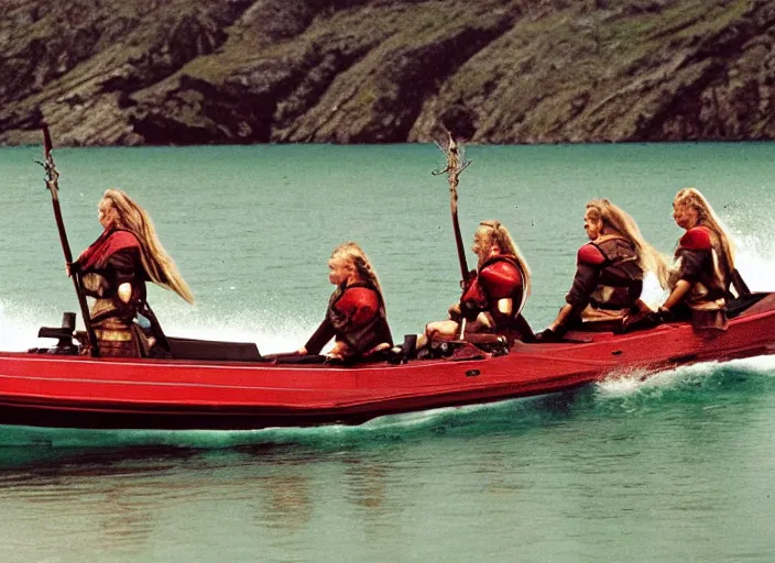 Image similar to photo of viking women in speed boats hunting, hyper realism, fujifilm velvia 5 0