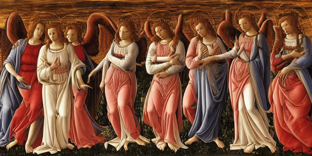 Prompt: Angels holding red spiral Spears descend from the heaven to cast judgment on the humans who try to run below their feet, oil painting by sandro botticelli, highly detailed, renaissance art, 8k