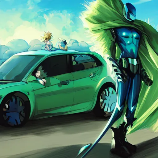 Image similar to blue knight in a green hatchback car, close up, anime, desert landscape, greg manchess, akehiko inoue and ross tran, Pyromallis Nekro Rene Margitte, Murata, one punch man manga, fight dragon