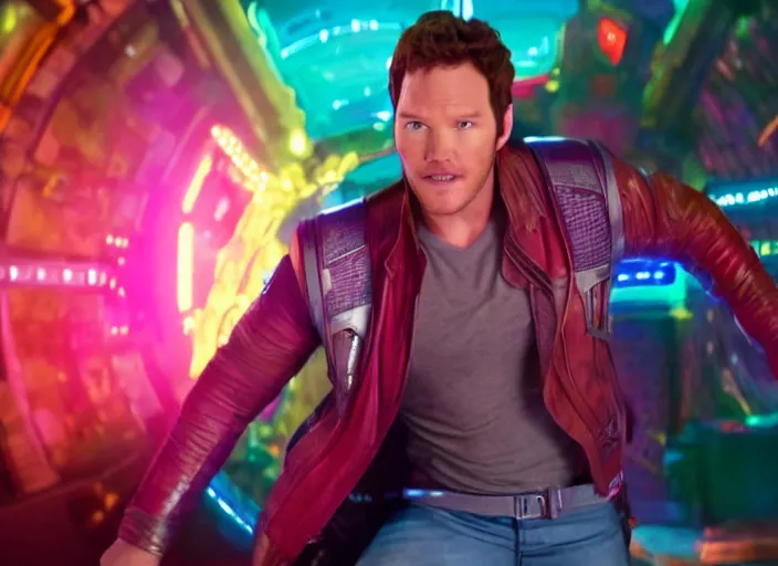 Prompt: film still of star - lord played by chris pratt dancing in a 1 9 7 0 s disco surrounded by colorful neon lights in the new guardians of the galaxy movie, 4 k