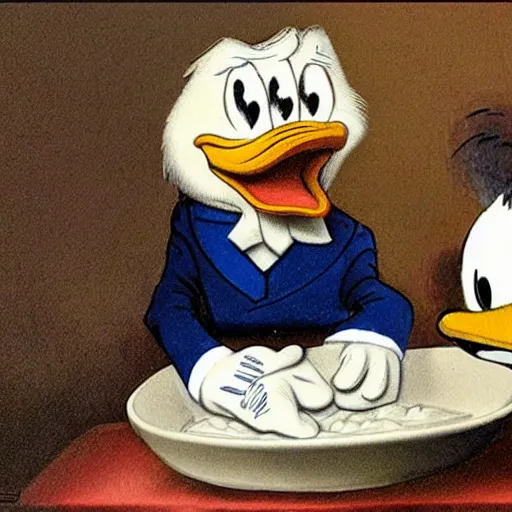 Prompt: donald duck and donald trump are sitting in front of a bowl of stawberries, drawing by rembrandt