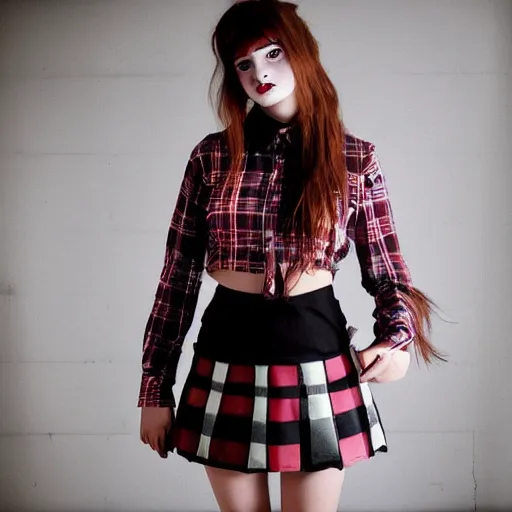 Image similar to female model teenage goth photography plaid mini skirt band shirt beautiful face, dramatic light darkroom