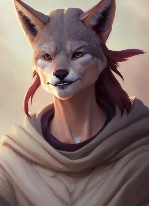 Image similar to beautiful portrait of a female anthro coyote wearing jedi robes. character design by charlie bowater, ross tran, artgerm, and makoto shinkai, detailed, soft lighting, rendered in octane