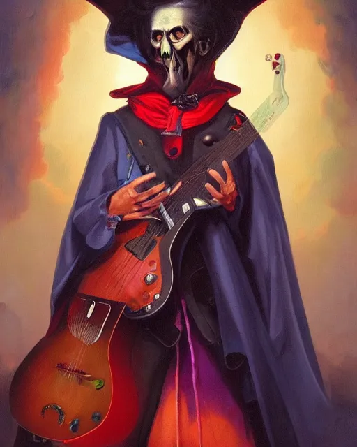 Image similar to colorful baroque portrait of a shadowy man wearing a hooded cloak, playing a guitar, gallery art by peter mohrbacher, artstation, artgate