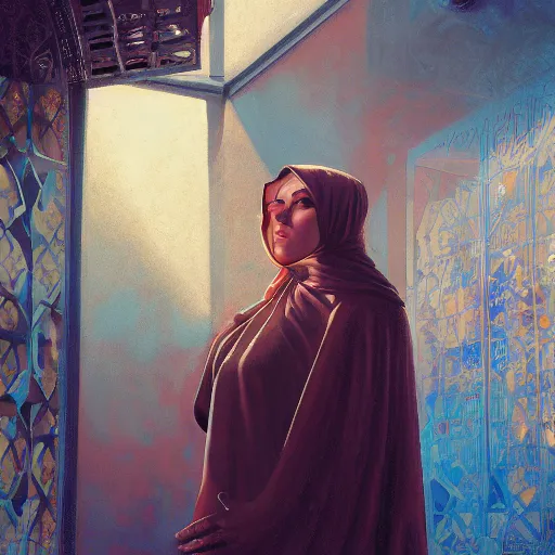 Image similar to detailed face of an arabic woman, opulent courtyard, moment, tectonic sky, skydome, reactor, utopian, tech noir, wet reflections, prism, atmospheric, ambient, pj crook, syd mead, livia prima, artgerm, greg rutkowski, nick alm, casey baugh